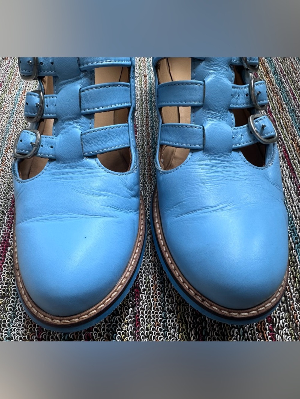 Fluevog EXCELLENT Biblio McPhee baby blue leather triple t-strap buckle shoe -12 - Picture 11 of 16